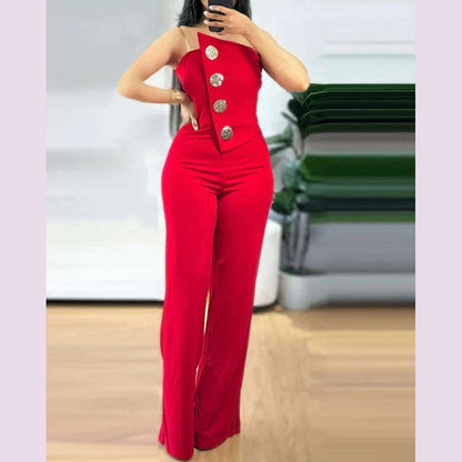 Sexy Asymmetrical Bandeau Strapless Jumpsuit Metal Button Decor Casual Overalls 2025 Woman Long Jumpsuits Elegant