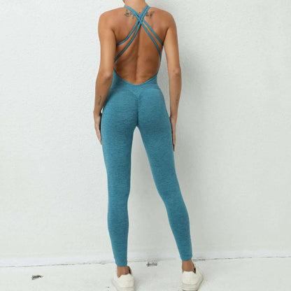 Sexy Backless Bodycon Scrunch Jumpsuit Raises Butt Women Dance Fitness Overalls Push Up Sleeveless Yoga Sport Jump Suit Black