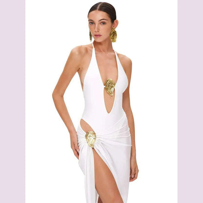 Sexy Deep V Neck Swimsuit With Skirt Women 2 Pcs Suits 2025  High Leg Backless Swimwear Fashion Female Holiday Beachwear Outfits