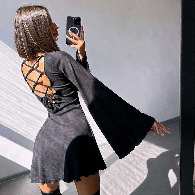 Sexy Dresses Nightclub Mini Short Party Dress Women Back Bandage O Neck A Line Flare Sleeves Autumn Vestidos Ladies Fall Robe