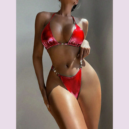 Sexy Micro Bikini 2024 Women Swimwear Metallic Halter Triangle Bikinis Sets Thong Swimsuit Female Bathing Suit Brazilian Biquini