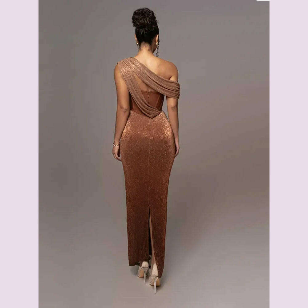 Sexy One Shoulder Draped Glitter Long Dress Women Brown Corset Sparkly Backless Bodycon Maxi Dresses Evening Party Gowns