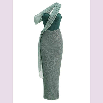 Sexy One Shoulder Draped Glitter Long Dress Women Brown Corset Sparkly Backless Bodycon Maxi Dresses Evening Party Gowns