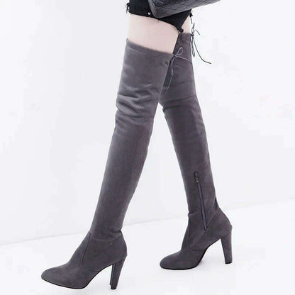 Sexy Party Fashion Suede Leather Shoes Women Over The Knee Heels Boots Stretch Flock Pointed Thick Heel Botas Black Long Boots