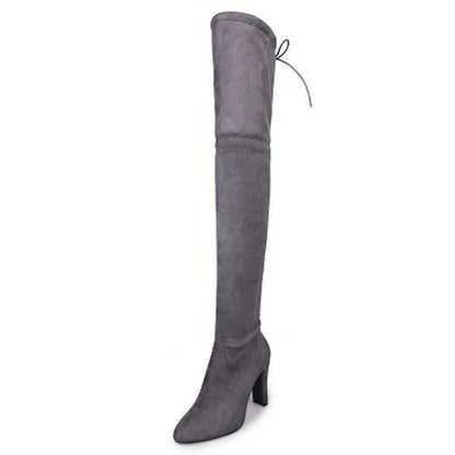 Sexy Party Fashion Suede Leather Shoes Women Over The Knee Heels Boots Stretch Flock Pointed Thick Heel Botas Black Long Boots