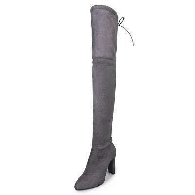 Sexy Party Fashion Suede Leather Shoes Women Over The Knee Heels Boots Stretch Flock Pointed Thick Heel Botas Black Long Boots