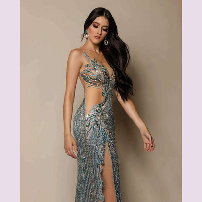 Sexy Peacock Prom Dresses Women Crystal Beads Side High Fork Evening Dress Sweep Train Grown Vestidos De Novia Size Customized
