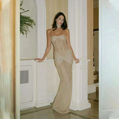 Sexy Sequin See Through Maxi Dress Women Strapless Slim Hip Wrap Evening Long Dresses 2024 Chic Lady Party Vestidos Club Robes