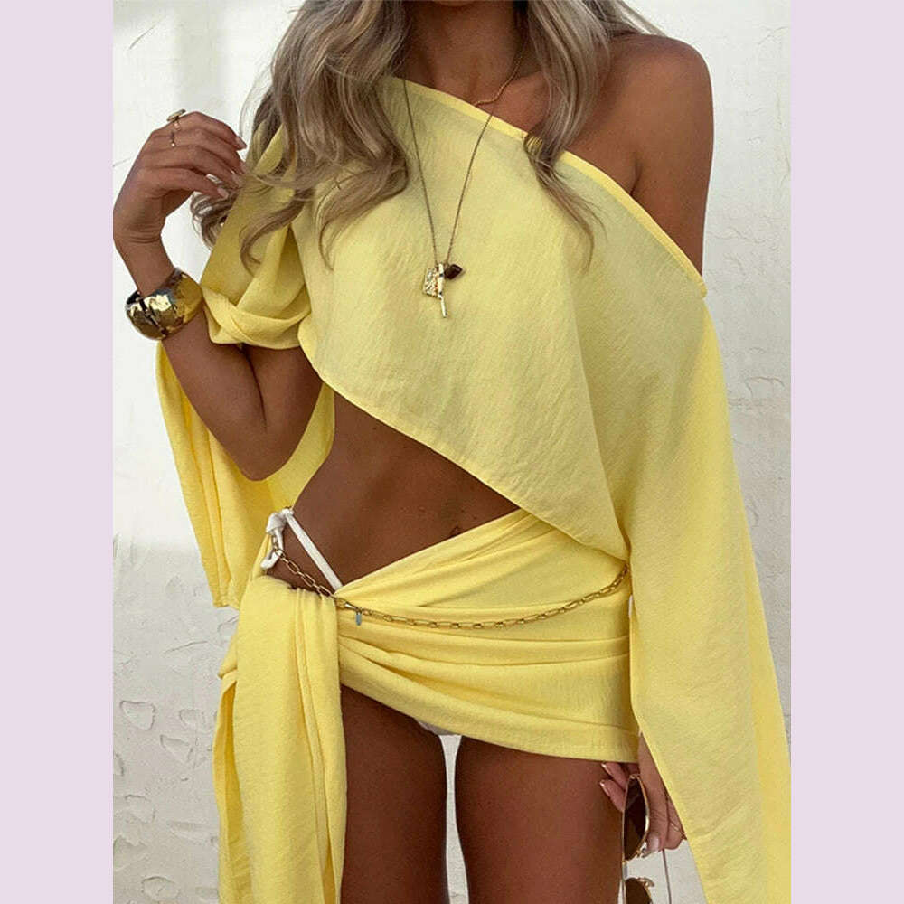 Sexy Skirt Suits Women Cotton Linen Single Shoulder Irregular Tops Set Female Summer Hollow Out Lace Up Beach Skirt Set 2 Pieces