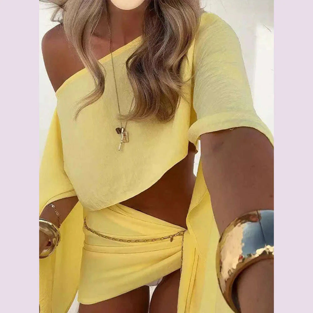 Sexy Skirt Suits Women Cotton Linen Single Shoulder Irregular Tops Set Female Summer Hollow Out Lace Up Beach Skirt Set 2 Pieces