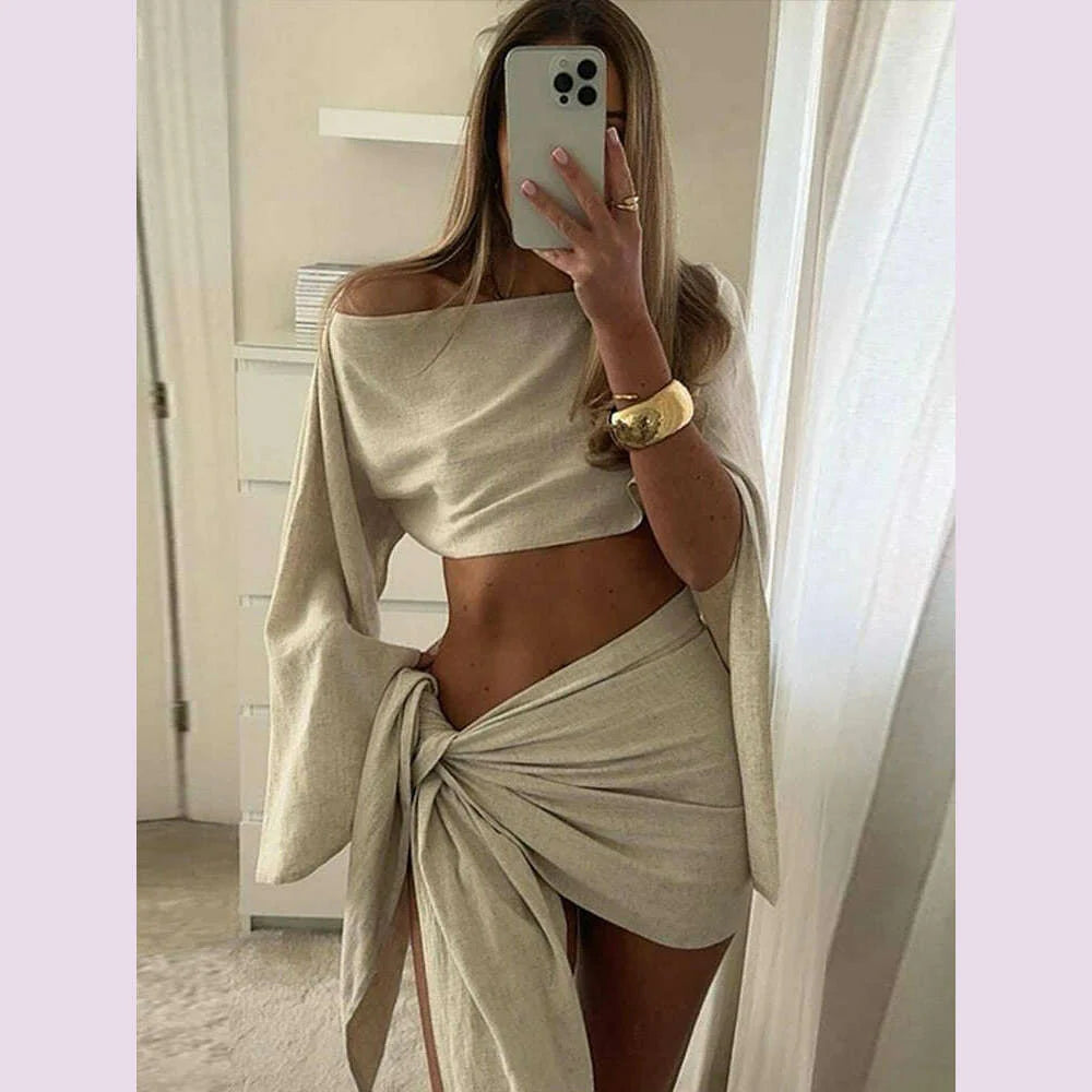 Sexy Skirt Suits Women Cotton Linen Single Shoulder Irregular Tops Set Female Summer Hollow Out Lace Up Beach Skirt Set 2 Pieces