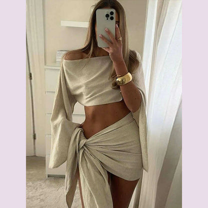 Sexy Skirt Suits Women Cotton Linen Single Shoulder Irregular Tops Set Female Summer Hollow Out Lace Up Beach Skirt Set 2 Pieces