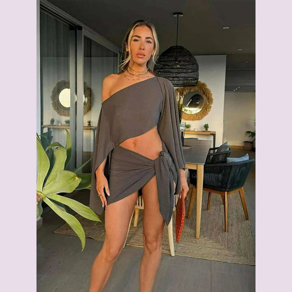 Sexy Skirt Suits Women Cotton Linen Single Shoulder Irregular Tops Set Female Summer Hollow Out Lace Up Beach Skirt Set 2 Pieces