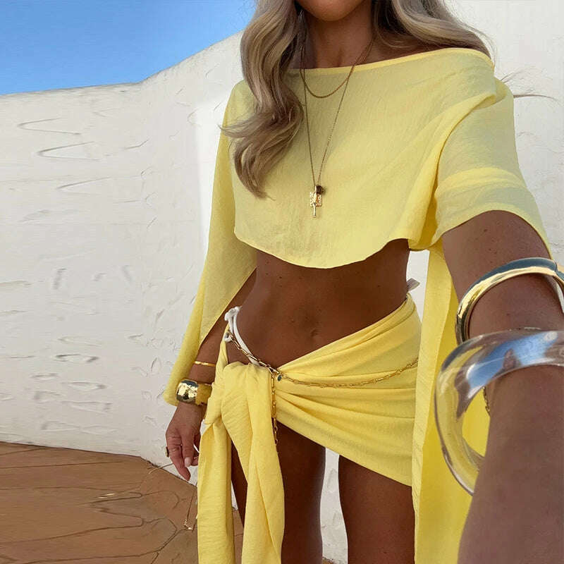 Sexy Skirt Suits Women Cotton Linen Single Shoulder Irregular Tops Set Female Summer Hollow Out Lace Up Beach Skirt Set 2 Pieces