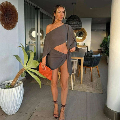 Sexy Skirt Suits Women Cotton Linen Single Shoulder Irregular Tops Set Female Summer Hollow Out Lace Up Beach Skirt Set 2 Pieces