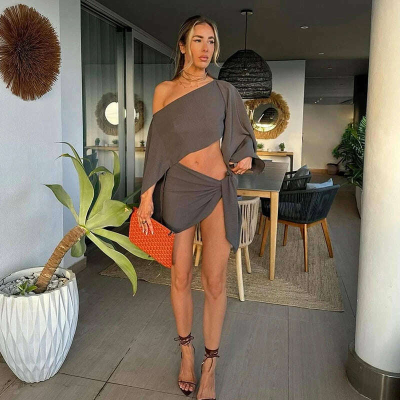 Sexy Skirt Suits Women Cotton Linen Single Shoulder Irregular Tops Set Female Summer Hollow Out Lace Up Beach Skirt Set 2 Pieces
