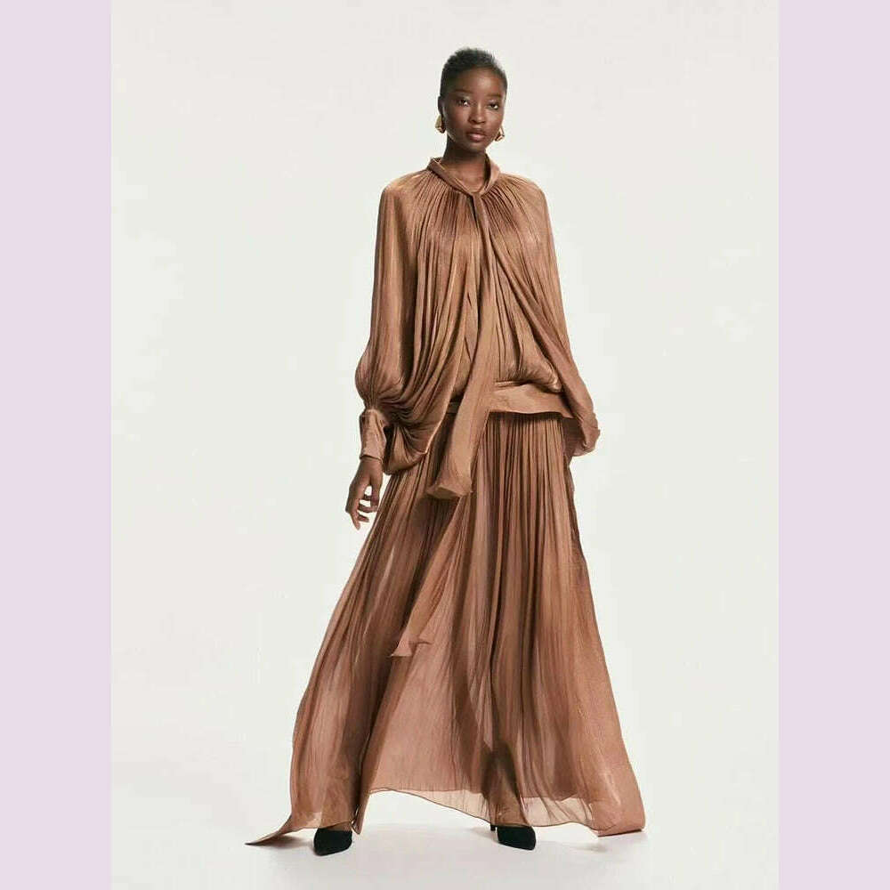 Sexy Stand Collar Long Sleeve Hollow Out Long Dress Women Brown Balck Lantern Sleeve Backless Loose Dresses Party Evening Club