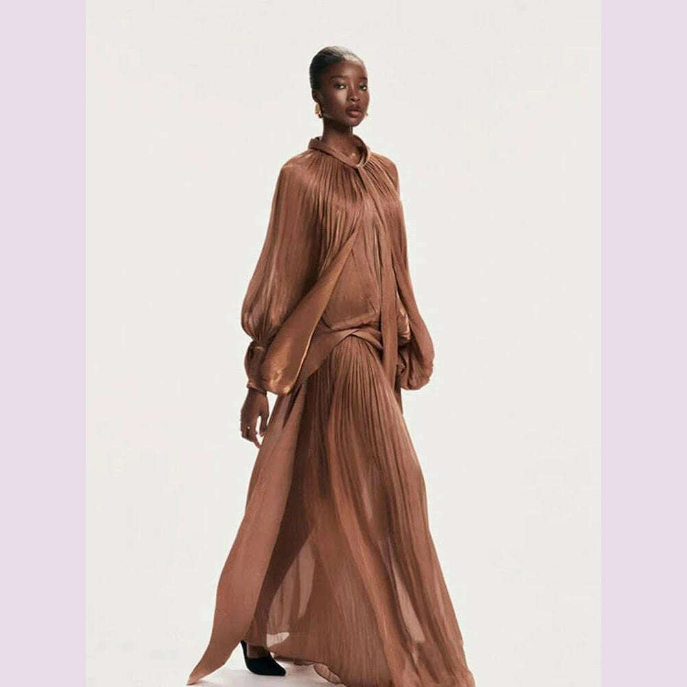 Sexy Stand Collar Long Sleeve Hollow Out Long Dress Women Brown Balck Lantern Sleeve Backless Loose Dresses Party Evening Club