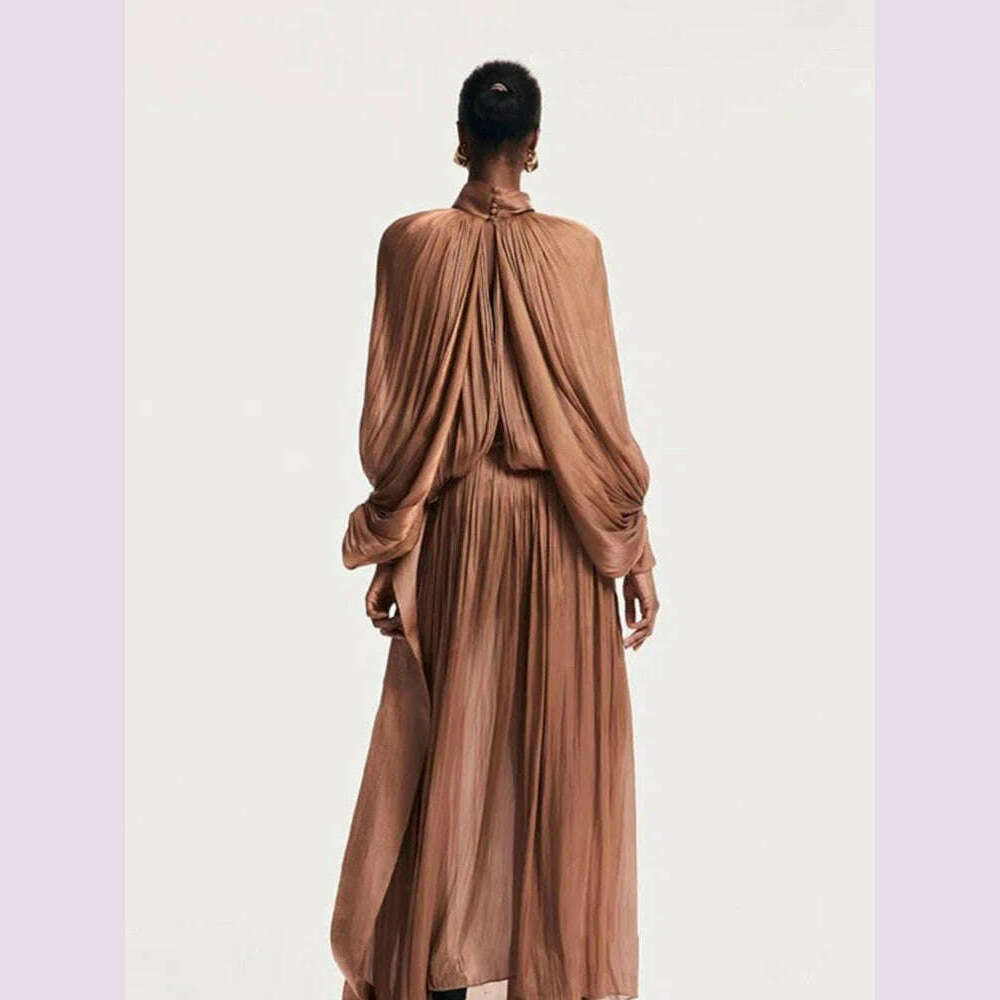 Sexy Stand Collar Long Sleeve Hollow Out Long Dress Women Brown Balck Lantern Sleeve Backless Loose Dresses Party Evening Club