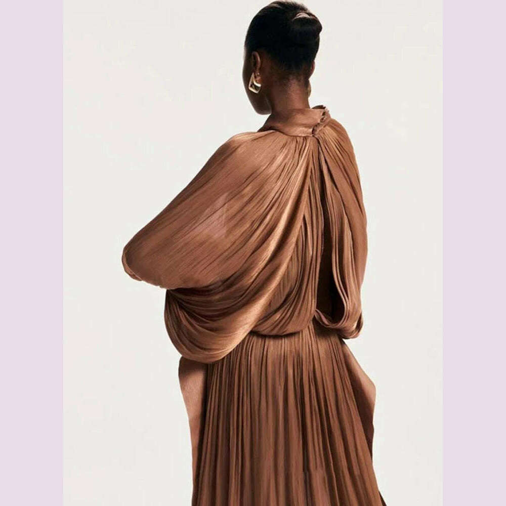 Sexy Stand Collar Long Sleeve Hollow Out Long Dress Women Brown Balck Lantern Sleeve Backless Loose Dresses Party Evening Club