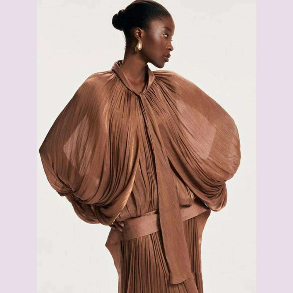 Sexy Stand Collar Long Sleeve Hollow Out Long Dress Women Brown Balck Lantern Sleeve Backless Loose Dresses Party Evening Club
