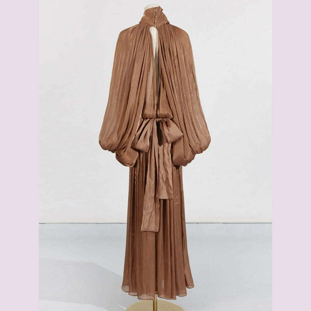 Sexy Stand Collar Long Sleeve Hollow Out Long Dress Women Brown Balck Lantern Sleeve Backless Loose Dresses Party Evening Club