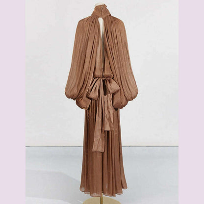 Sexy Stand Collar Long Sleeve Hollow Out Long Dress Women Brown Balck Lantern Sleeve Backless Loose Dresses Party Evening Club