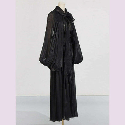 Sexy Stand Collar Long Sleeve Hollow Out Long Dress Women Brown Balck Lantern Sleeve Backless Loose Dresses Party Evening Club