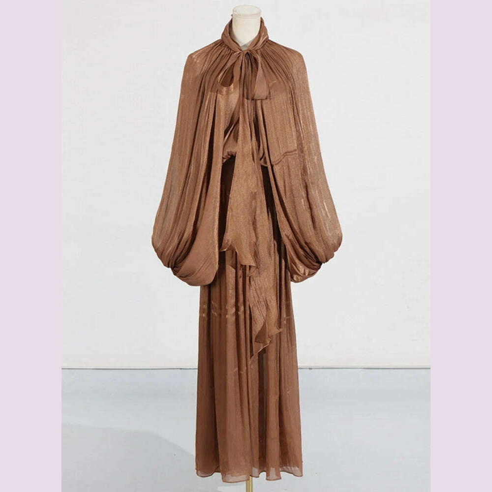 Sexy Stand Collar Long Sleeve Hollow Out Long Dress Women Brown Balck Lantern Sleeve Backless Loose Dresses Party Evening Club