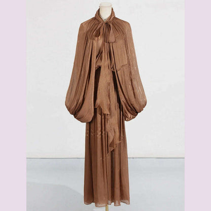 Sexy Stand Collar Long Sleeve Hollow Out Long Dress Women Brown Balck Lantern Sleeve Backless Loose Dresses Party Evening Club
