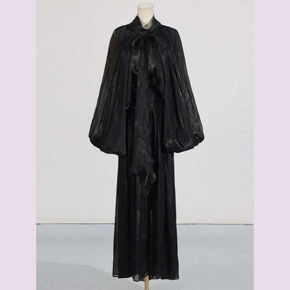 Sexy Stand Collar Long Sleeve Hollow Out Long Dress Women Brown Balck Lantern Sleeve Backless Loose Dresses Party Evening Club