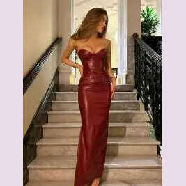 Sexy Woman Strapless Burgundy Slim Leather Long Dress Elegant Back Lace Up Side Slit Sleeveless Dresses 2025 Evening Party Robe