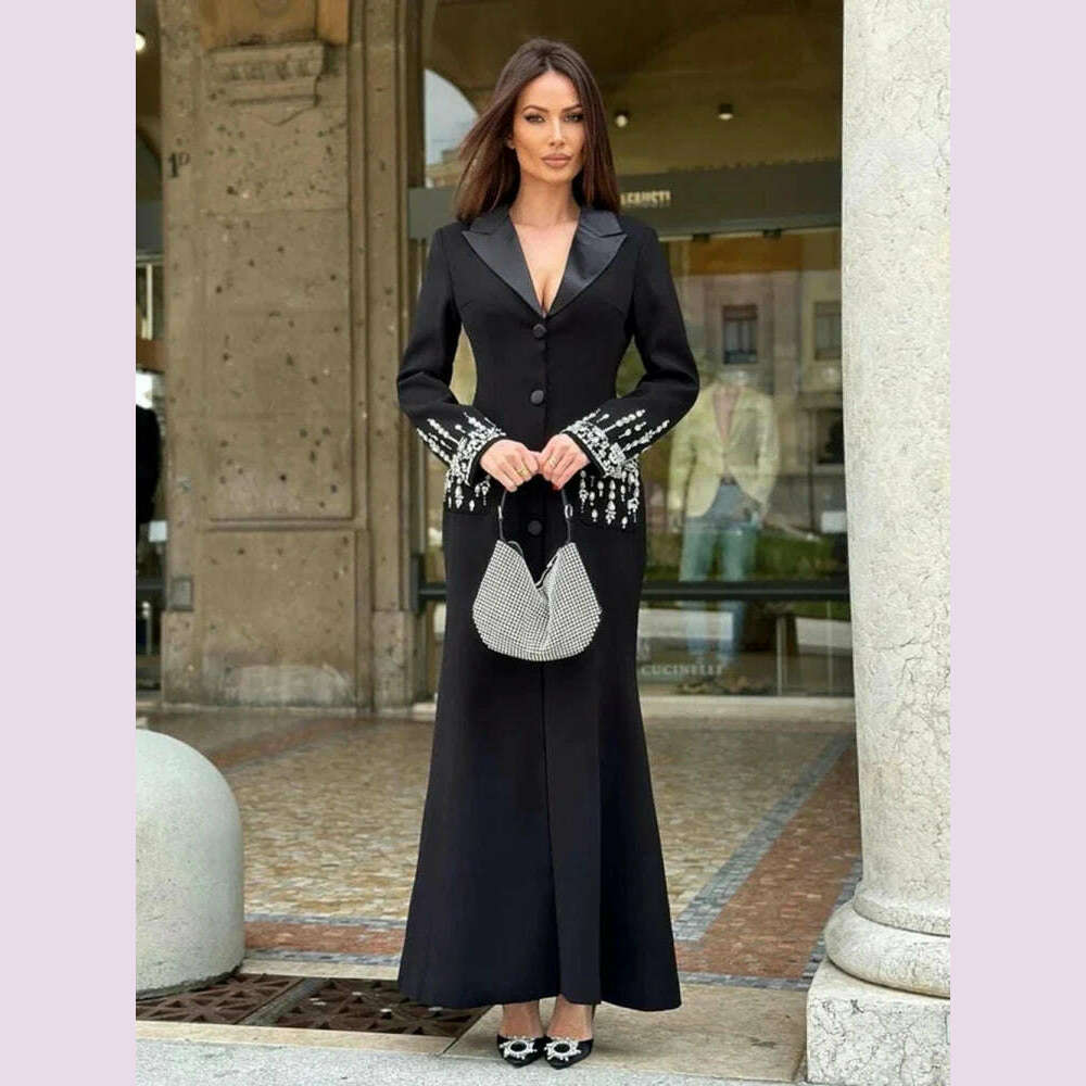 Sexy Women Black White Long Sleev Crystal Design V Necke Diamond Beads Long Dress  Single Breasted Slim Dresses Elegant Evening