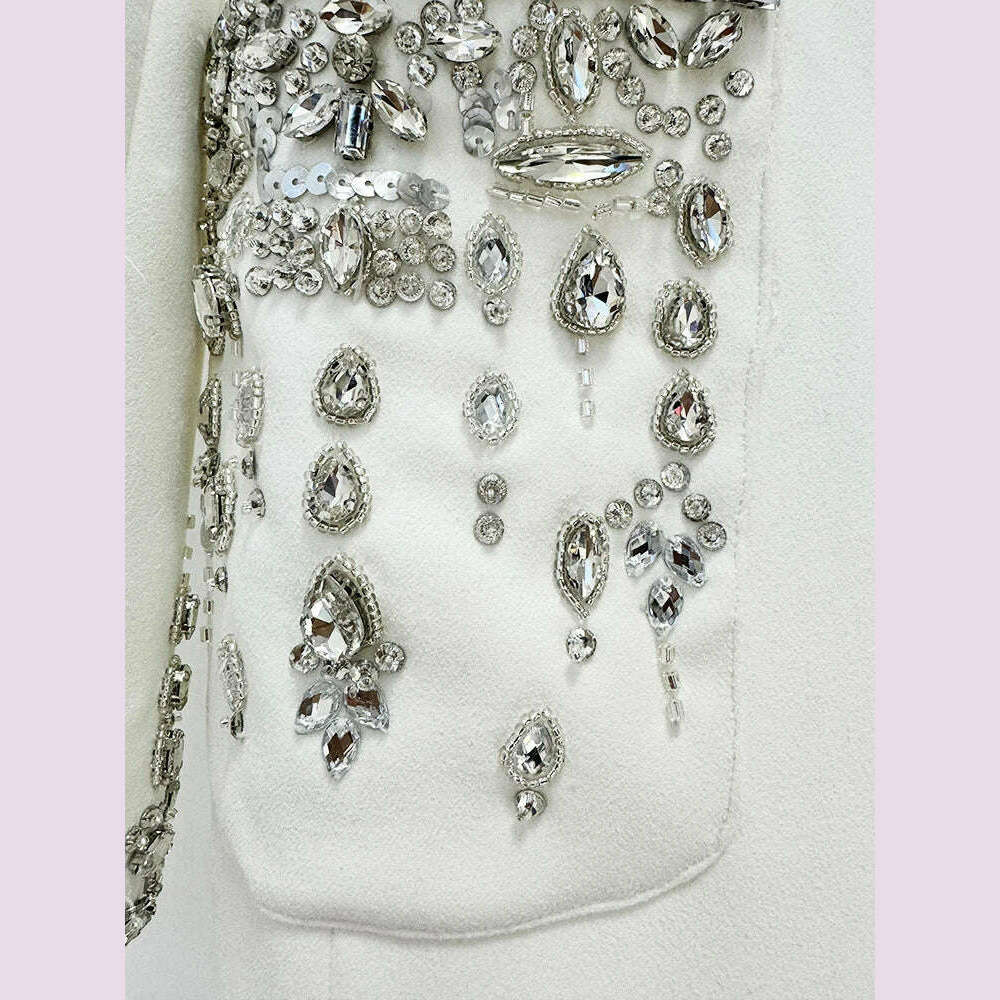 Sexy Women Black White Long Sleev Crystal Design V Necke Diamond Beads Long Dress  Single Breasted Slim Dresses Elegant Evening