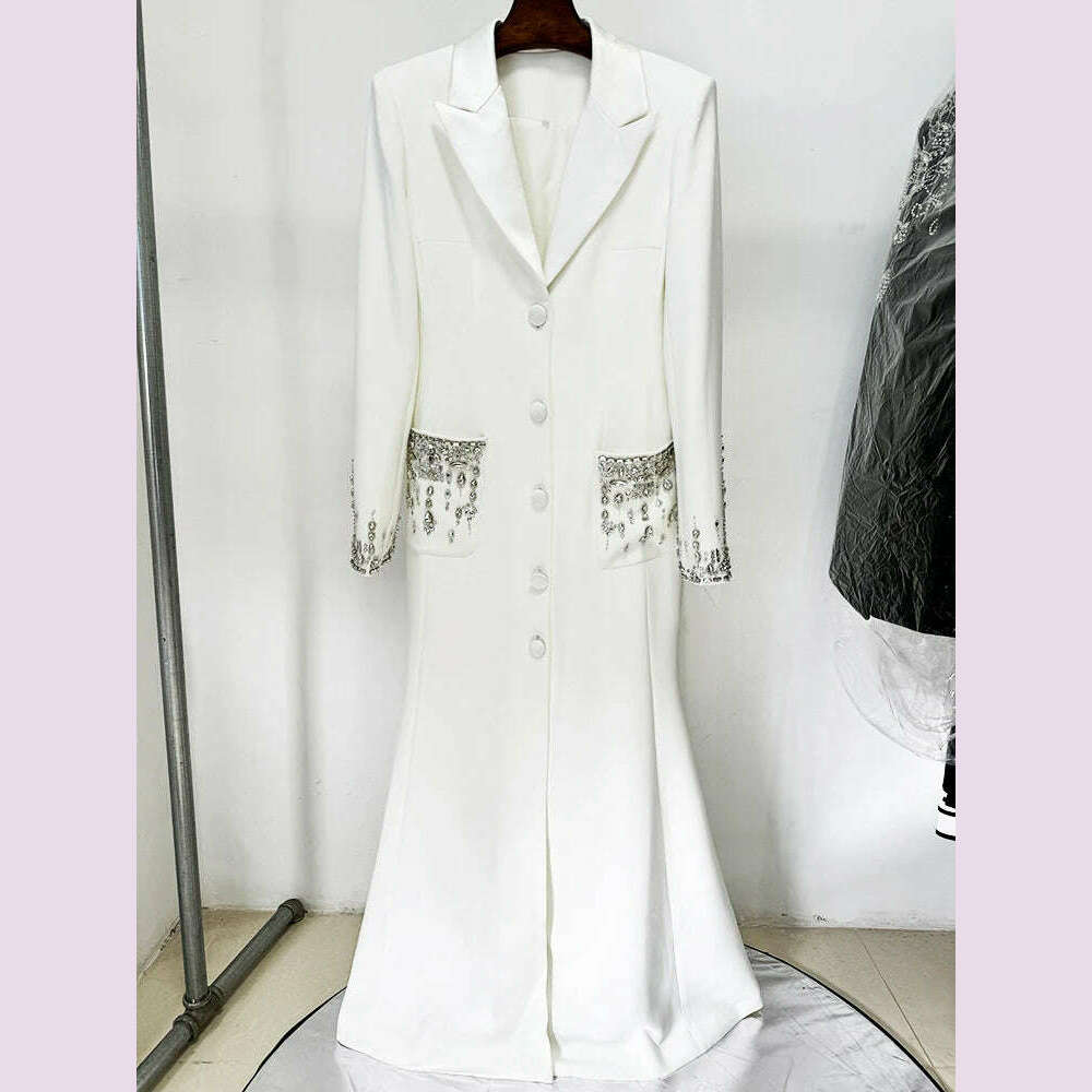 Sexy Women Black White Long Sleev Crystal Design V Necke Diamond Beads Long Dress  Single Breasted Slim Dresses Elegant Evening