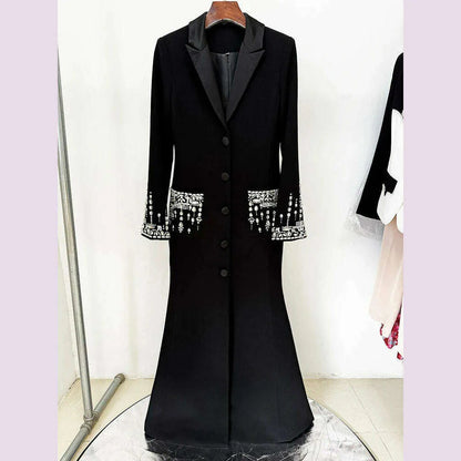 Sexy Women Black White Long Sleev Crystal Design V Necke Diamond Beads Long Dress  Single Breasted Slim Dresses Elegant Evening