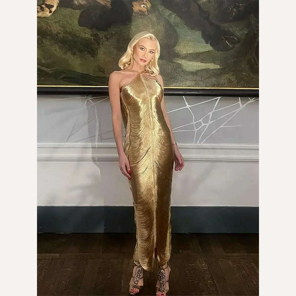 Shiny Metallic Halter Slim Mini Dress For Women Female Sleeveless Backless Bodycon Vestidos Ladies Party Club Evening Robes