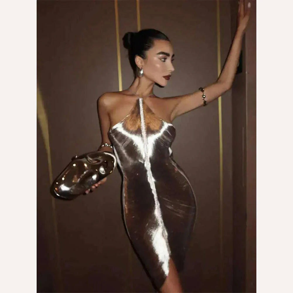 Shiny Metallic Halter Slim Mini Dress For Women Female Sleeveless Backless Bodycon Vestidos Ladies Party Club Evening Robes