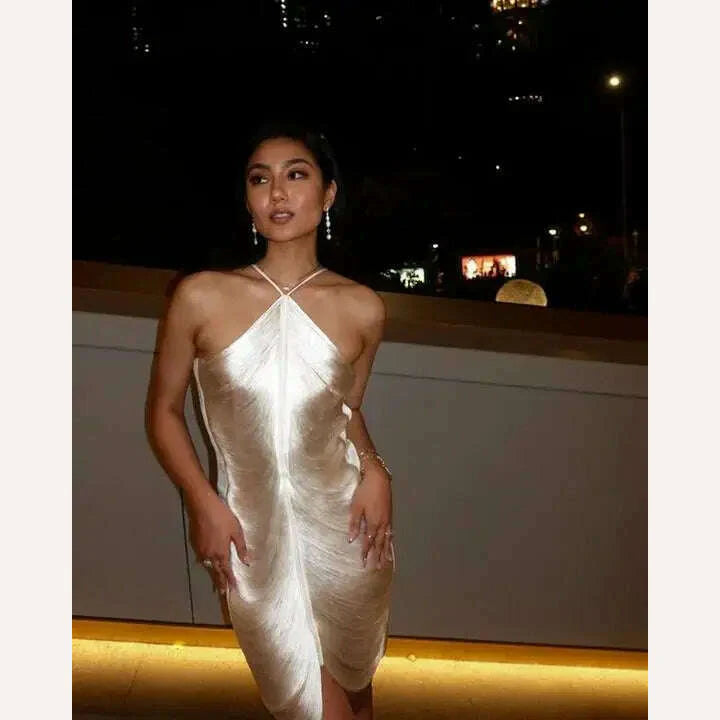 Shiny Metallic Halter Slim Mini Dress For Women Female Sleeveless Backless Bodycon Vestidos Ladies Party Club Evening Robes