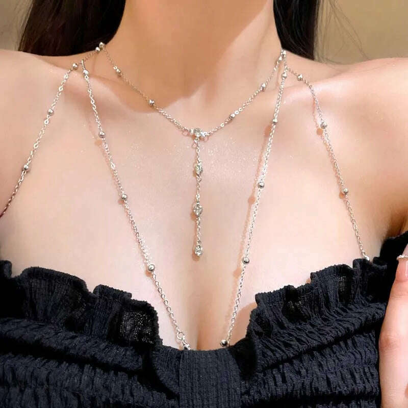 Shiny Rhinestones Tassel Sexy Chest Chain for Women Girls Fashion Metal Bra Cross Bikini Within Hollow Body Chain Jewelry