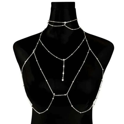 Shiny Rhinestones Tassel Sexy Chest Chain for Women Girls Fashion Metal Bra Cross Bikini Within Hollow Body Chain Jewelry