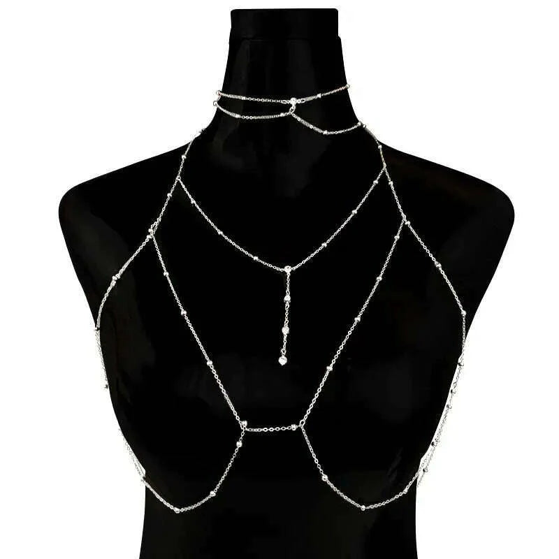 Shiny Rhinestones Tassel Sexy Chest Chain for Women Girls Fashion Metal Bra Cross Bikini Within Hollow Body Chain Jewelry