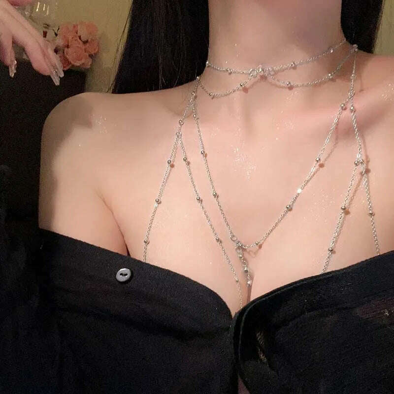 Shiny Rhinestones Tassel Sexy Chest Chain for Women Girls Fashion Metal Bra Cross Bikini Within Hollow Body Chain Jewelry