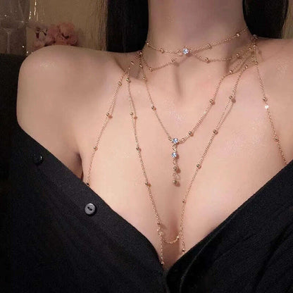 Shiny Rhinestones Tassel Sexy Chest Chain for Women Girls Fashion Metal Bra Cross Bikini Within Hollow Body Chain Jewelry