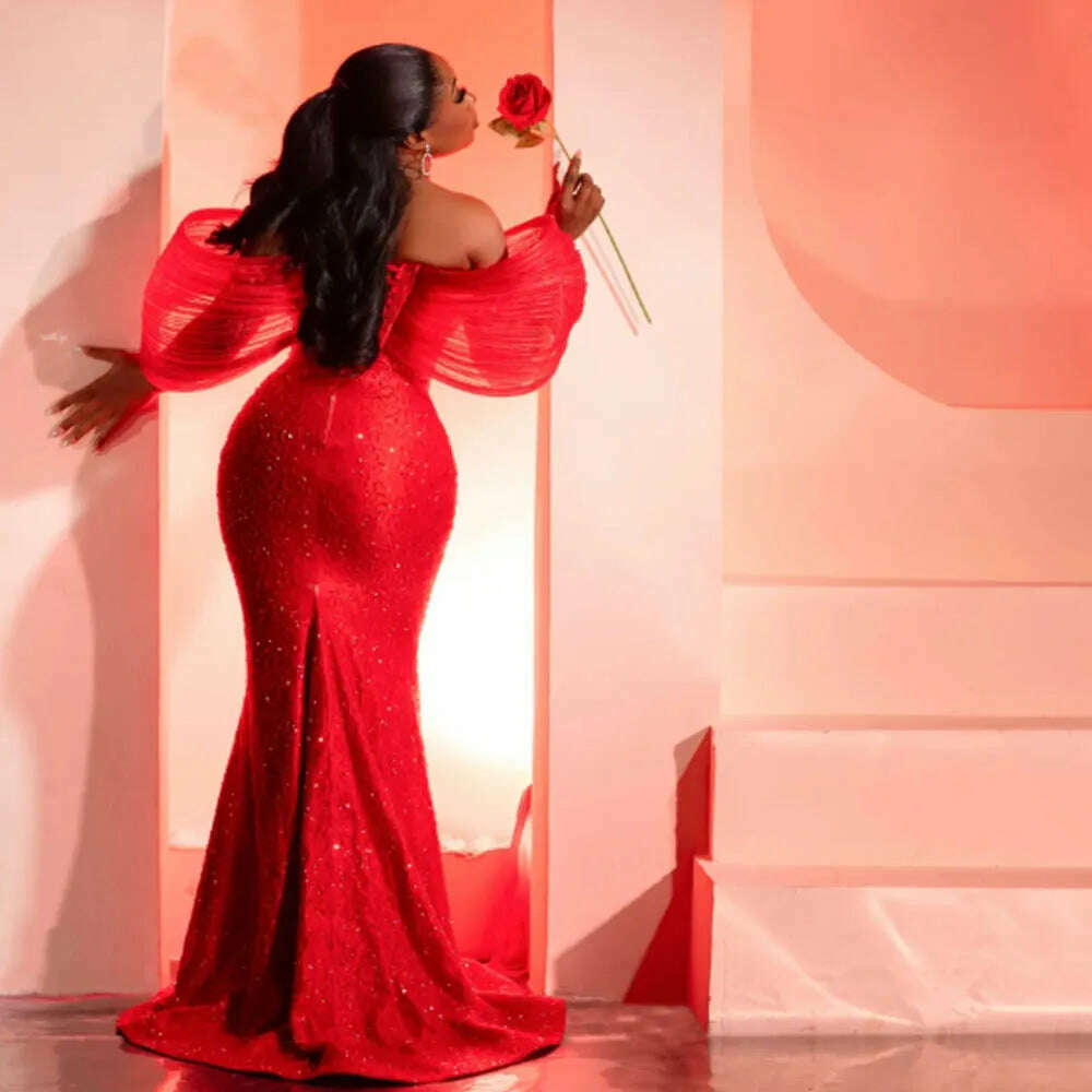 Shiny Sequined Red Evening Dresses Off Shoulder Puffy Sleeves Plus Size Prom Dress For African Women Aso Ebi Wedding Party Gowns
