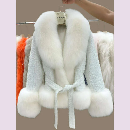 Short Coat with Real Fox Fur Collar for Women, Big Woolen Coat, Big Cuffs, Front Belt, Green Color, Autumn and Winter Fashion