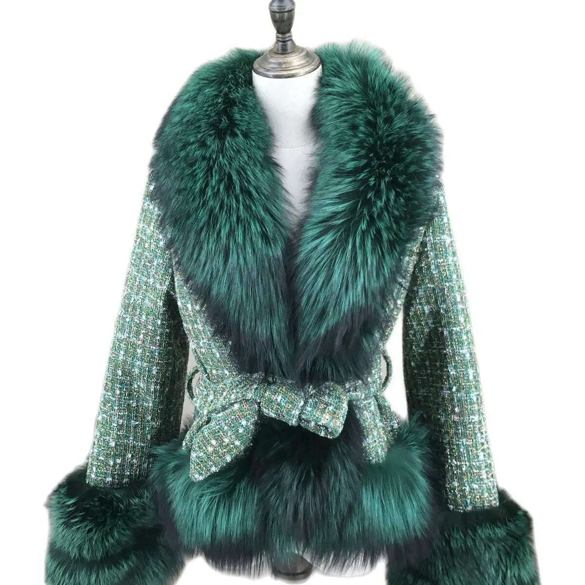 Short Coat with Real Fox Fur Collar for Women, Big Woolen Coat, Big Cuffs, Front Belt, Green Color, Autumn and Winter Fashion