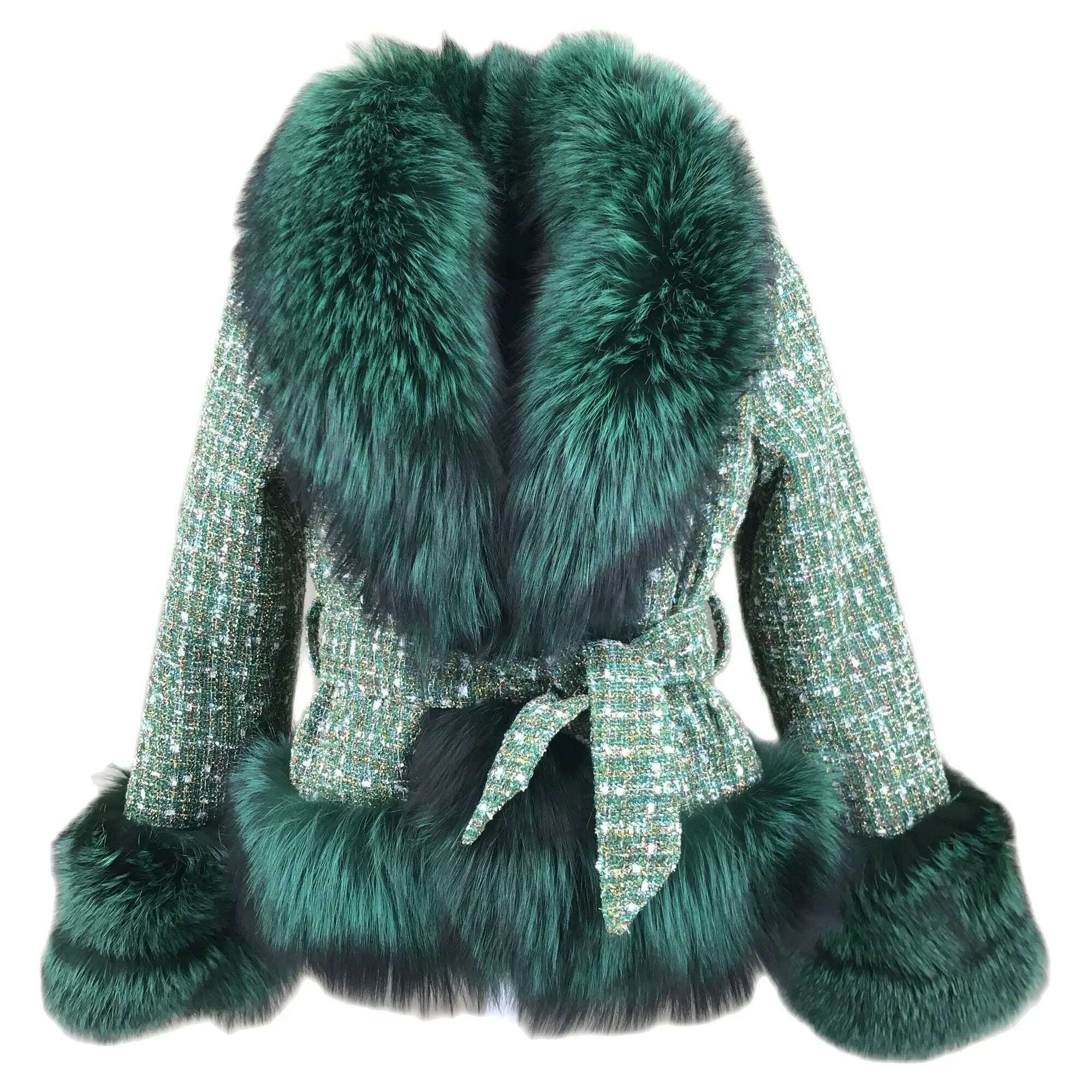 Short Jacket Coat with Real Red Fox Fur Collar for Women, Front and Belt, Elegant Fur, Green Color, Autumn and Winter Coat