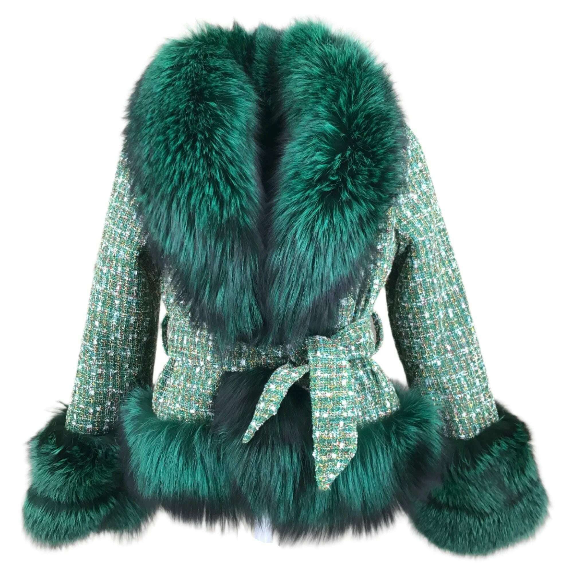 Short Jacket Coat with Real Red Fox Fur Collar for Women, Front and Belt, Elegant Fur, Green Color, Autumn and Winter Coat