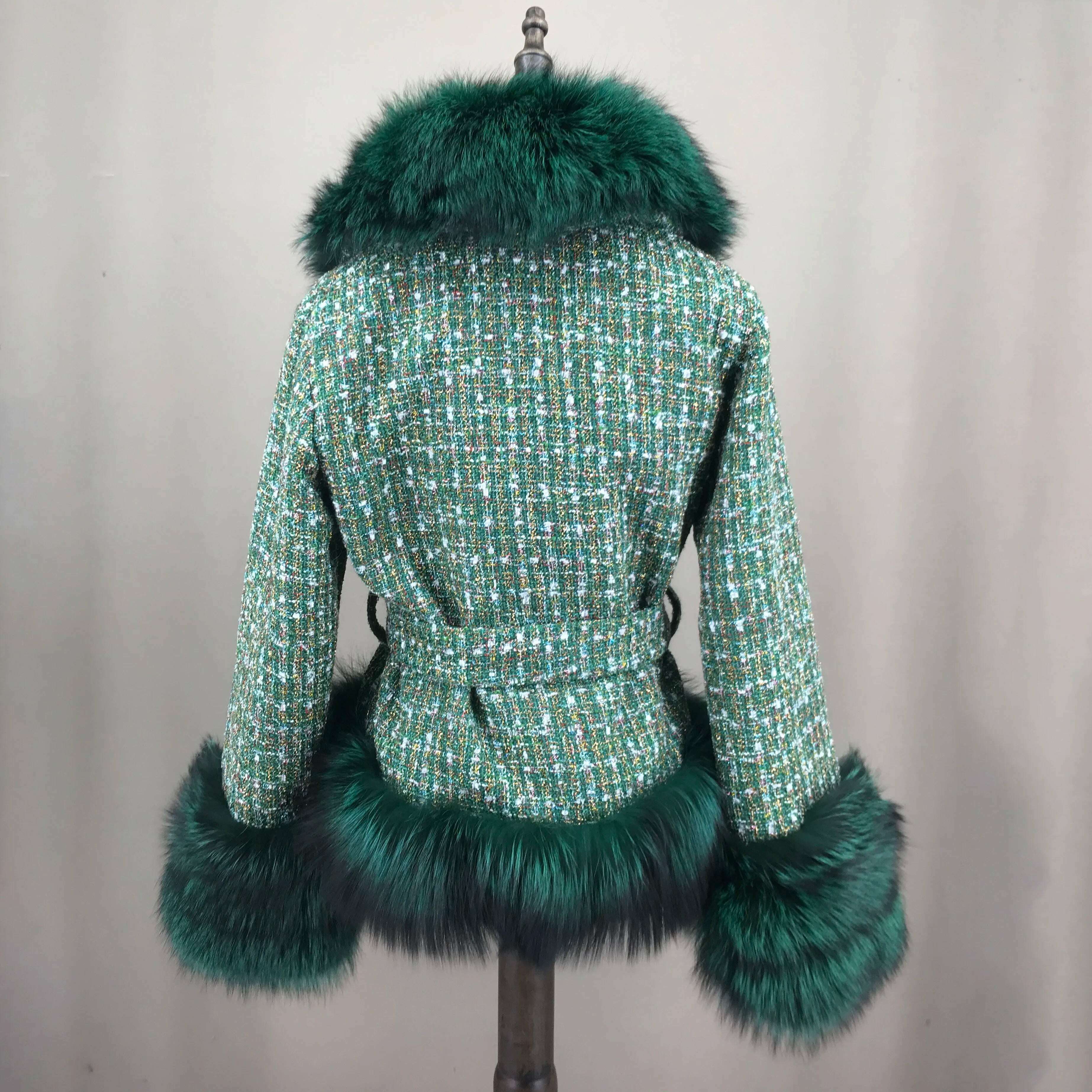 Short Jacket Coat with Real Red Fox Fur Collar for Women, Front and Belt, Elegant Fur, Green Color, Autumn and Winter Coat